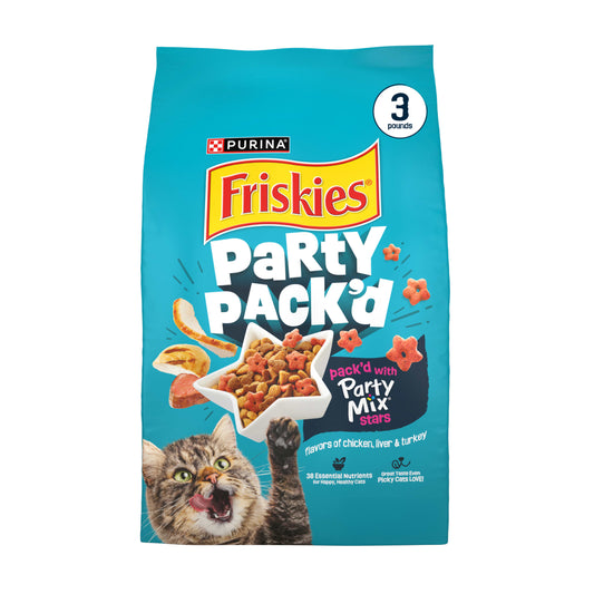 Purina Friskies Party Pack’d with Flavors of Chicken, Liver and Turkey Crunchy Dry Cat Food, 3 lb