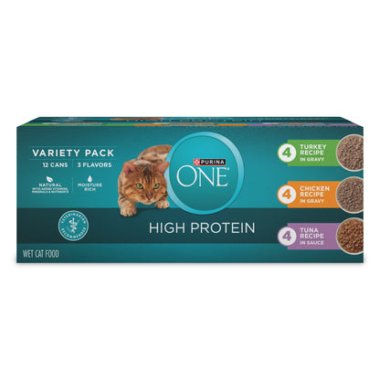Purina ONE Natural, High Protein Wet Cat Food Variety Pack, Turkey, Chicken and Tuna Recipes, 3 oz, 12 Pack