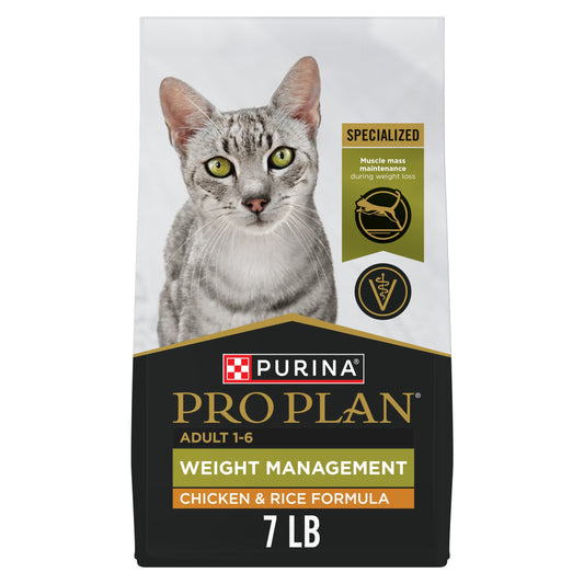 Purina Pro Plan Adult Weight Management Chicken and Rice Formula Dry Cat Food, 7 lb, 5 Pack