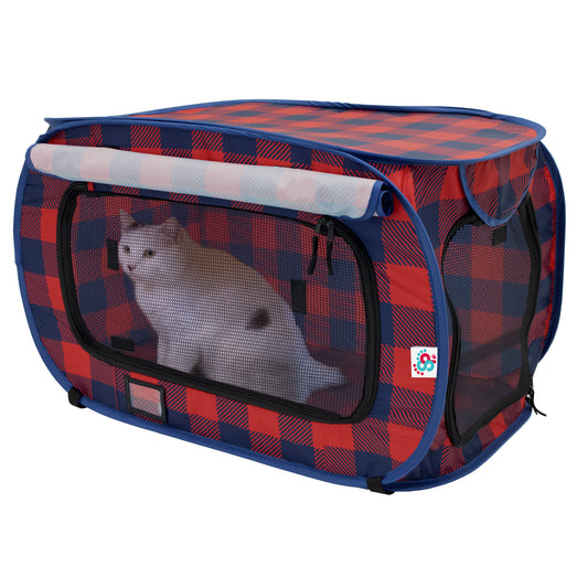 SP Holiday Plaid Pop Open Kennel, Red and Blue