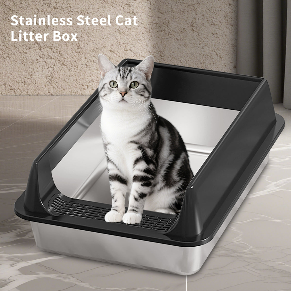 Stainless Steel Litter Box, Semi Enclosed High Side Cat Litter Box, Top Entry Litter Boxs for Senior Cats, Leak-Proof, Non-Sticky, Ideal for Indoor Cats Kitten, Black/L