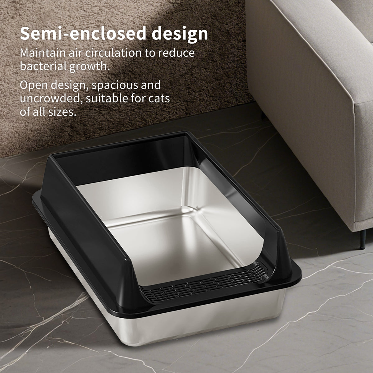 Stainless Steel Litter Box, Semi Enclosed High Side Cat Litter Box, Top Entry Litter Boxs for Senior Cats, Leak-Proof, Non-Sticky, Ideal for Indoor Cats Kitten, Black/L — product image 3