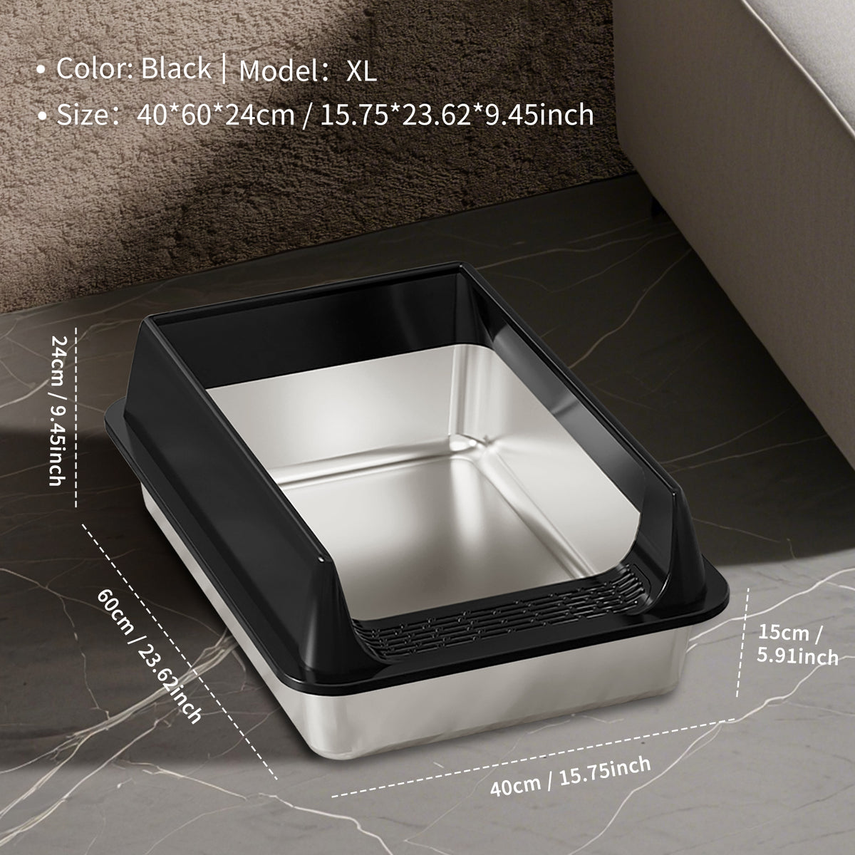 Stainless Steel Litter Box, Semi Enclosed High Side Cat Litter Box, Top Entry Litter Boxs for Senior Cats, Leak-Proof, Non-Sticky, Ideal for Indoor Cats Kitten, Black/L — product image 5