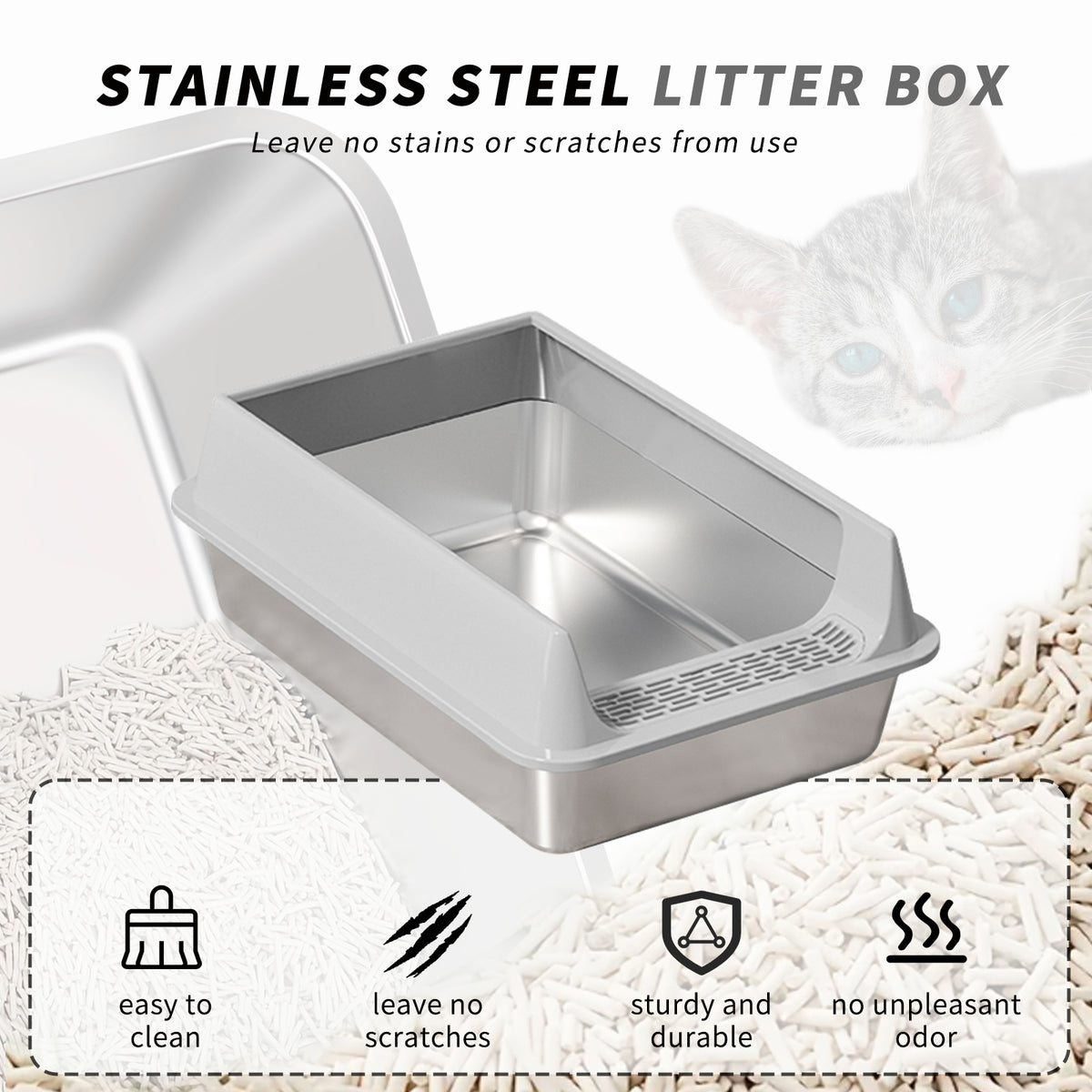 Stainless Steel Litter Box, Semi Enclosed High Side Cat Litter Box, Top Entry Litter Boxs for Senior Cats, Leak-Proof, Non-Sticky, Ideal for Indoor Cats Kitten, Gray/XL — product image 2