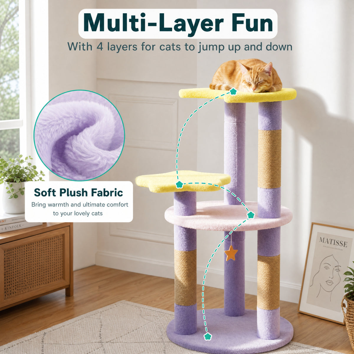 SUGIFT 29 Inch Modern Cat Tree for Indoor Cats, Compact Cat Tree Tower with Star Moon Platforms and Jute Post, Small Cat Tree, Purple Yellow — product image 10