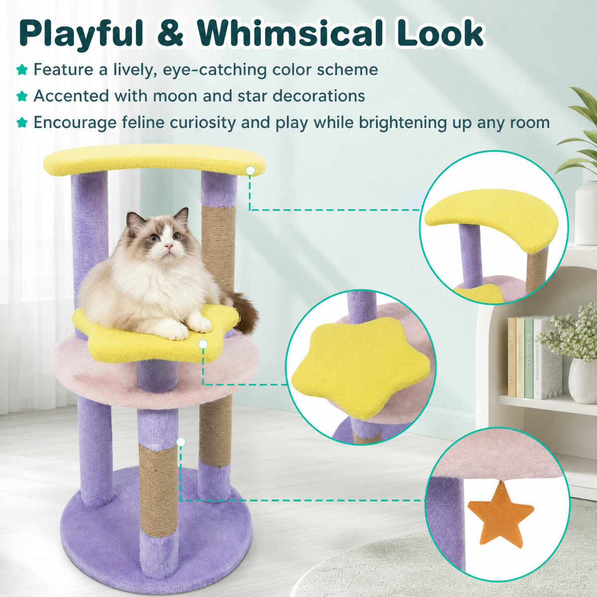SUGIFT 29 Inch Modern Cat Tree for Indoor Cats, Compact Cat Tree Tower with Star Moon Platforms and Jute Post, Small Cat Tree, Purple Yellow — product image 8