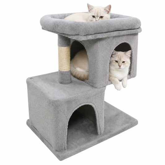 SUGIFT Modern Cat Tree Space Saving Cat Tower with Upholstered Perch 2 Cozy Cat Condos Sisal Scratching Posts Compact Cat Activity Tree, Gray