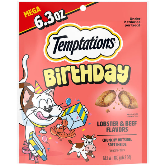 Temptations Birthday Lobster & Beef Flavor Crunchy & Soft Cat Treats, 6.3 oz Pouch