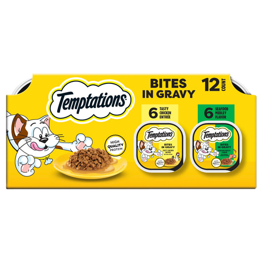Temptations Bites In Gravy Flavor Wet Cat Food Variety Pack, 3.5 Oz Tray (12 Pack)