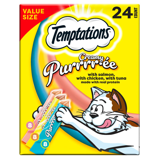 Temptations Creamy Puree Chicken, Salmon & Tuna Lickable Cat Treats, 24 Pack