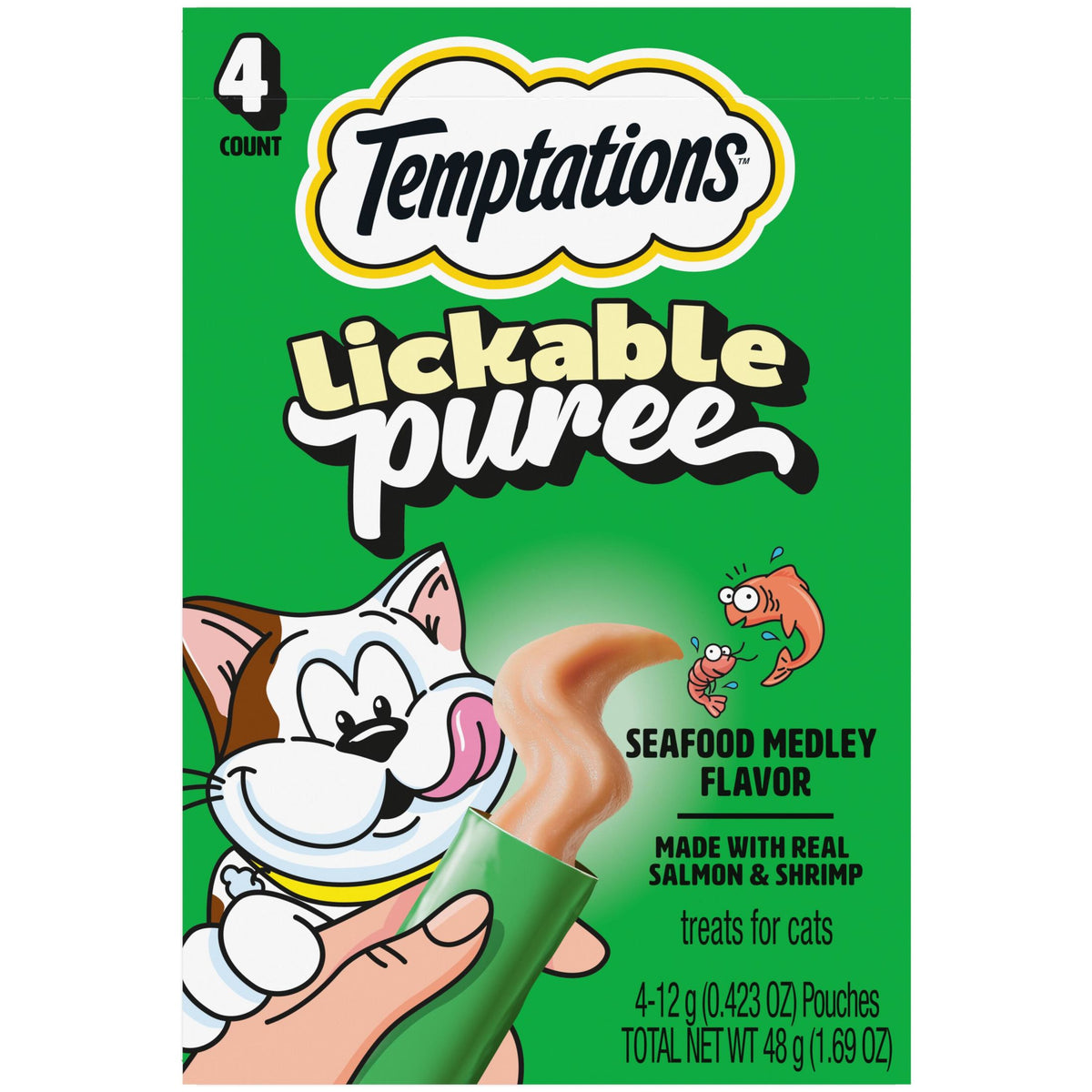 Temptations Creamy Puree Mixups Seafood Medley Flavor Dental Treats for Cats, 1.7 oz Pouches (4 Pack)