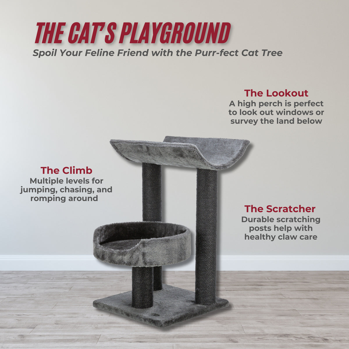 TRIXIE Isaba Plush 2-Level 24.4" Cat Tree with Sisal Scratching Posts, 2 Perch, Black/Gray — product image 2