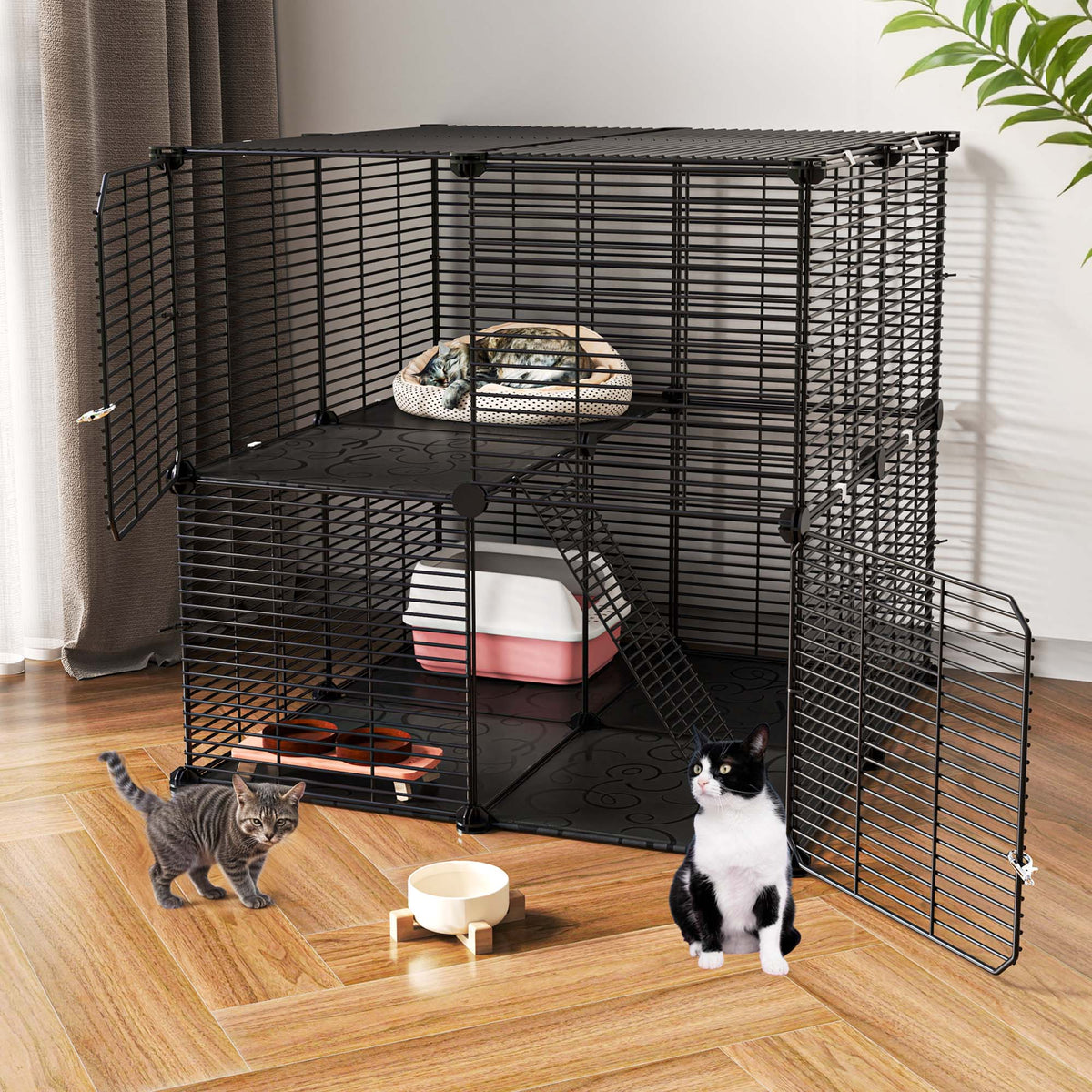 Uforic 2 Tier Cat Cage, Indoor Cat Enclosure DIY Cat Playpen Metal Kennel for 1-2 Cats,28"L x 28"W x 28"H,Black — product image 2