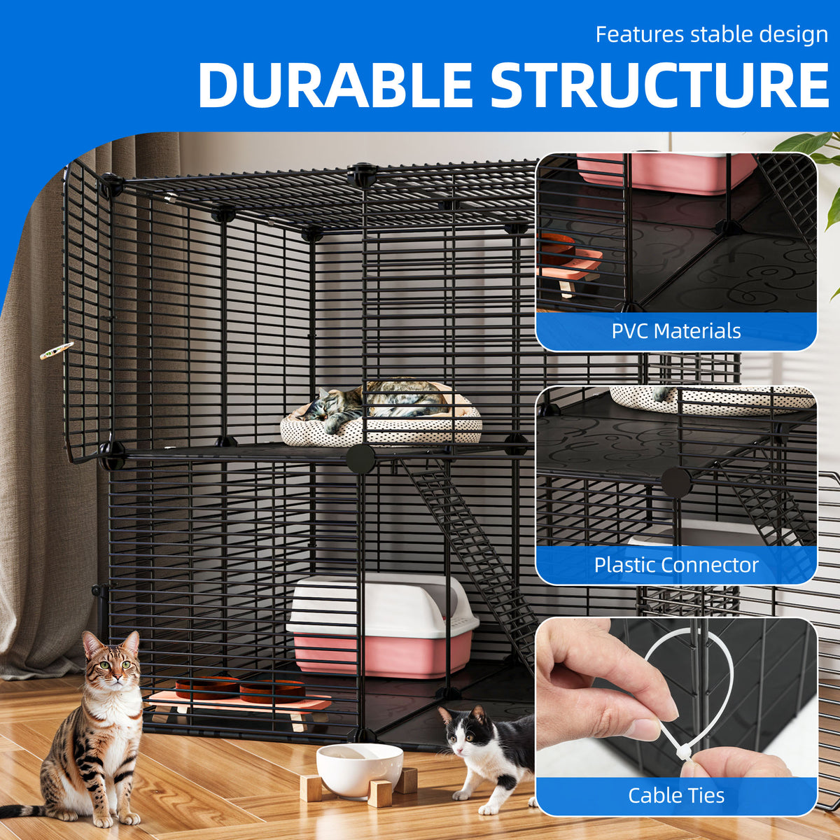 Uforic 2 Tier Cat Cage, Indoor Cat Enclosure DIY Cat Playpen Metal Kennel for 1-2 Cats,28"L x 28"W x 28"H,Black — product image 4