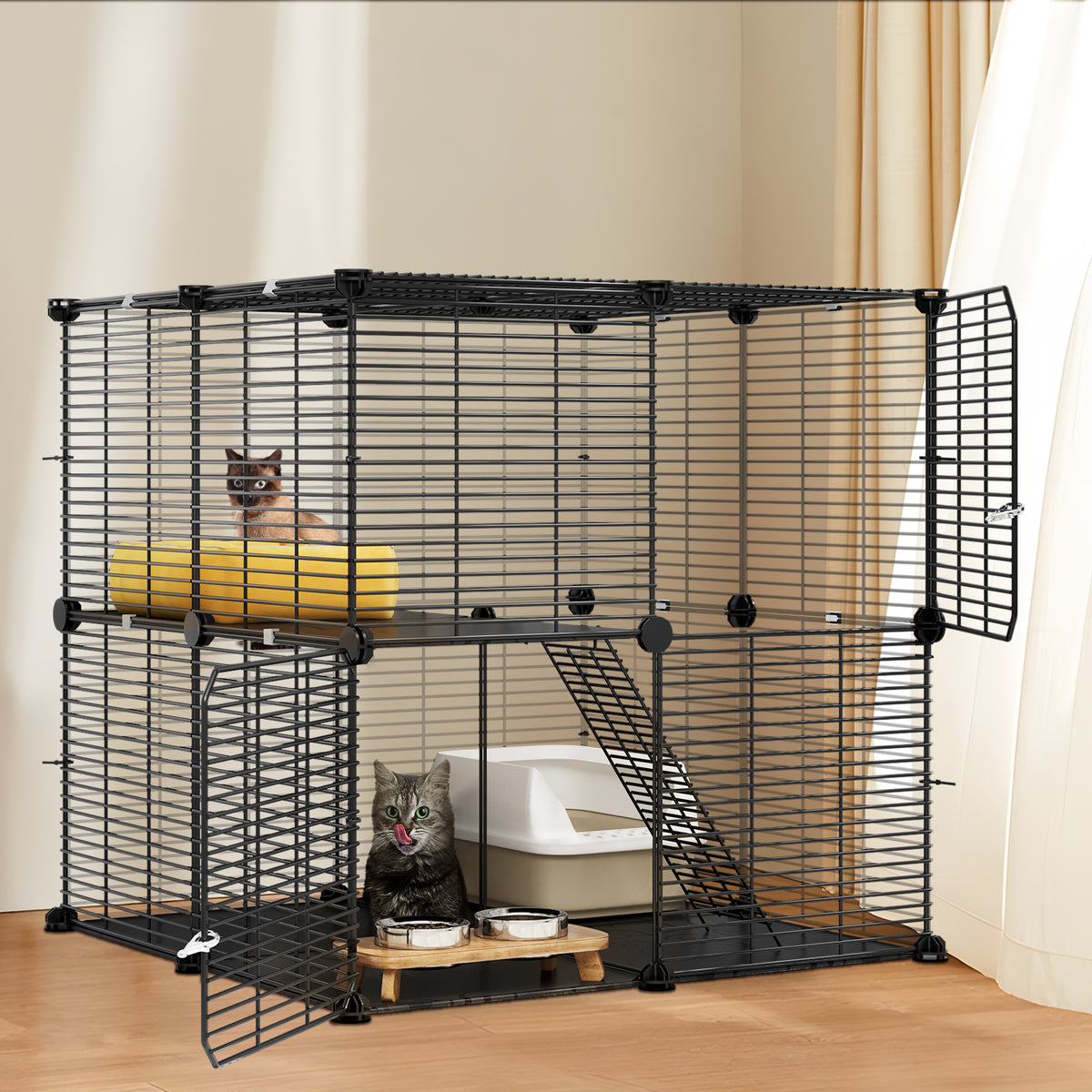 Uforic 2-Tier Cat Cage,Indoor DIY Pet Playpen Metal Cat Kennel for 1-2 Cats, Ferrets, Chinchillas, Rabbits, Kittens,Travel and Camping,28"L x 28"W x 28"H,Black