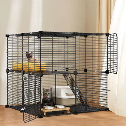 Uforic 2-Tier Cat Cage,Indoor DIY Pet Playpen Metal Cat Kennel for 1-2 Cats, Ferrets, Chinchillas, Rabbits, Kittens,Travel and Camping,28"L x 28"W x 28"H,Black