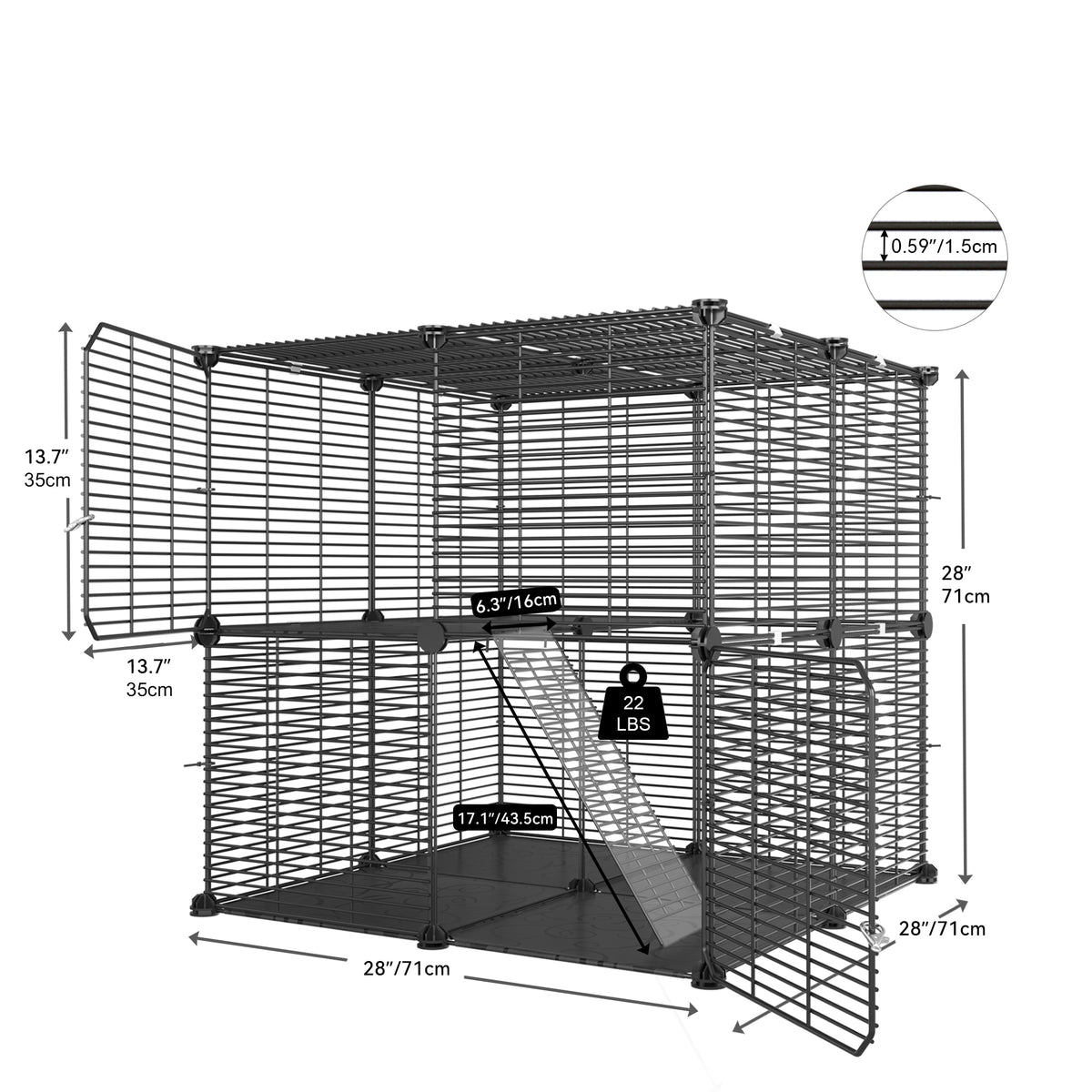 Uforic 2-Tier Cat Cage,Indoor DIY Pet Playpen Metal Cat Kennel for 1-2 Cats, Ferrets, Chinchillas, Rabbits, Kittens,Travel and Camping,28"L x 28"W x 28"H,Black — product image 2