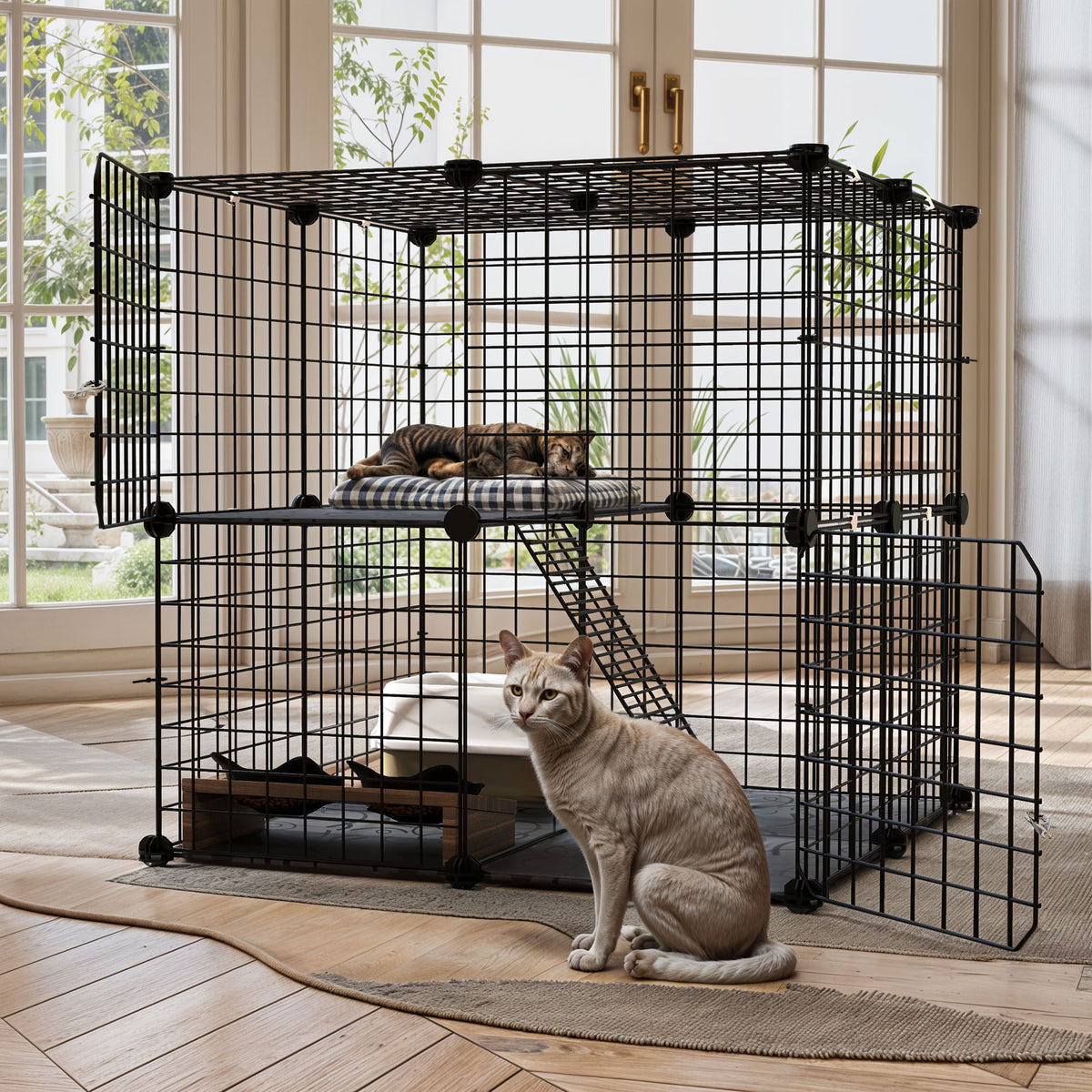 Uforic 28" Cat Cage, 2 Tier Indoor Cat Enclosures, DIY Cat Playpen Metal Kennel for 1-2 Cats,28"L x 28"W x 28"H,Black — product image 2