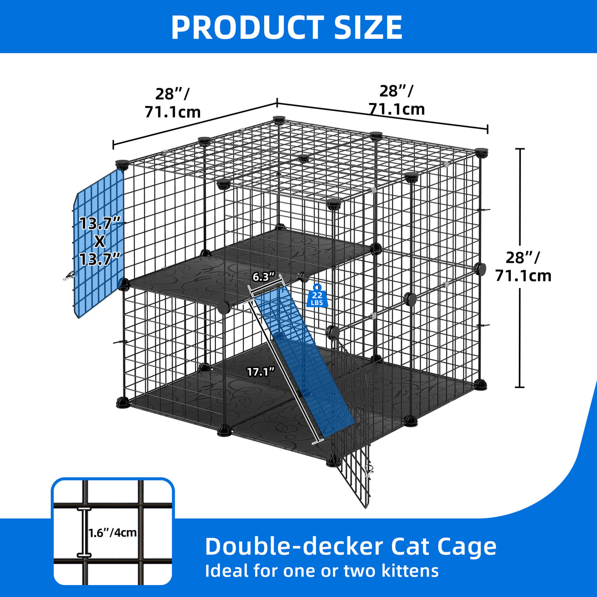 Uforic 28" Cat Cage, 2 Tier Indoor Cat Enclosures, DIY Cat Playpen Metal Kennel for 1-2 Cats,28"L x 28"W x 28"H,Black — product image 3