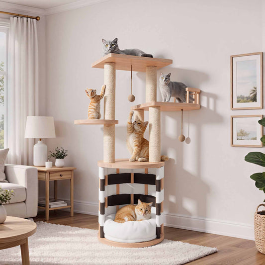 Uforic 40 in Solid Pine Wood Cat Tree, Multi-Level Cat Tower with Cat House, Observation Perches, Plush Bed & Sisal Scratching Posts, Indoor Cat Furniture