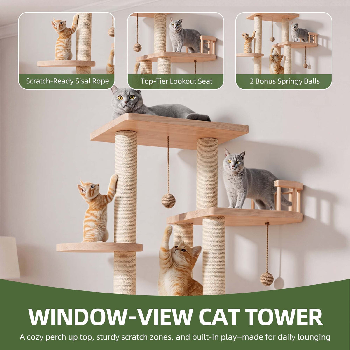 Uforic 40 in Solid Pine Wood Cat Tree, Multi-Level Cat Tower with Cat House, Observation Perches, Plush Bed & Sisal Scratching Posts, Indoor Cat Furniture — product image 4