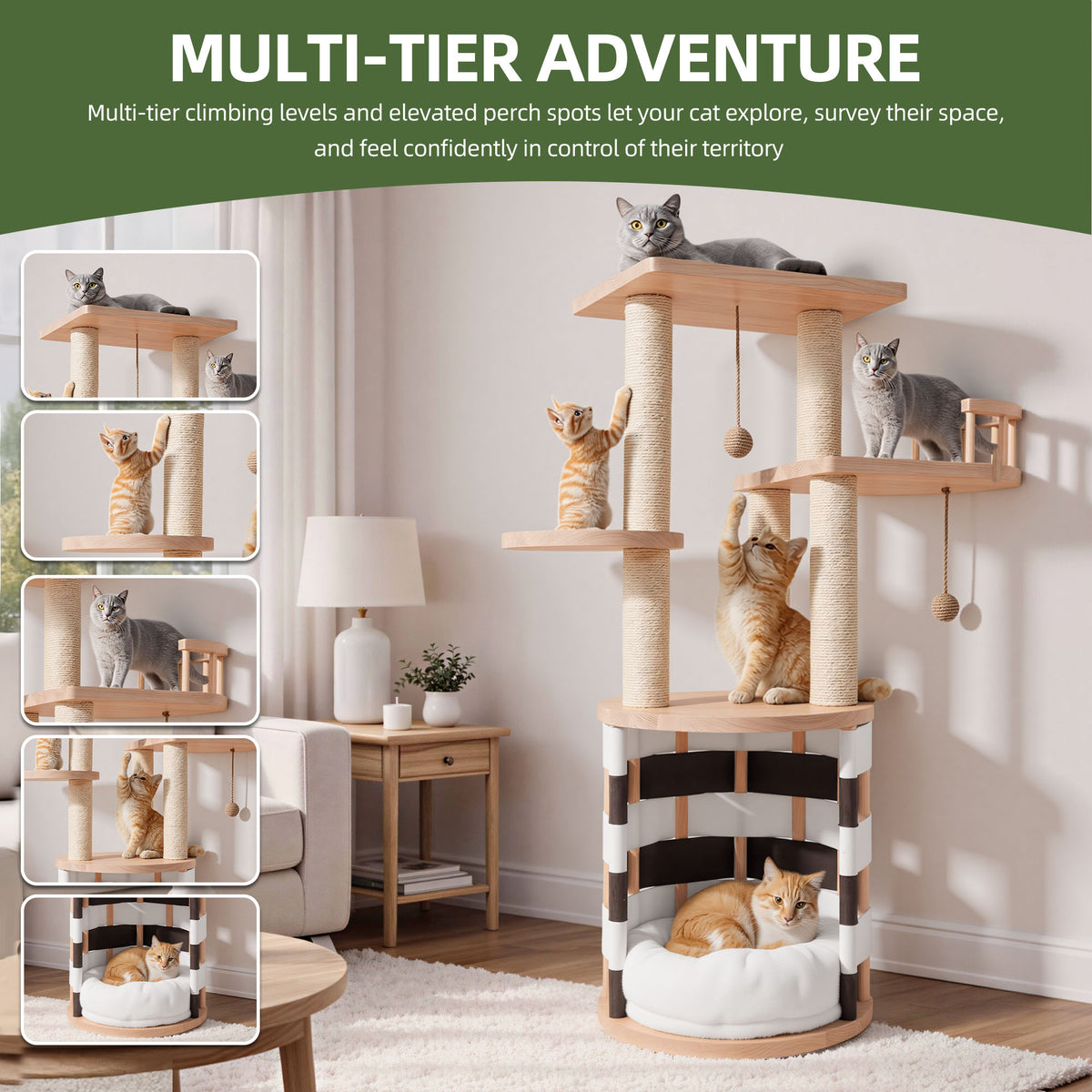 Uforic 40 in Solid Pine Wood Cat Tree, Multi-Level Cat Tower with Cat House, Observation Perches, Plush Bed & Sisal Scratching Posts, Indoor Cat Furniture — product image 5
