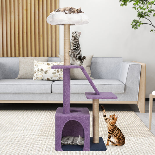 Uforic 48" Flower Cat Tree Tower, Cat Climbing Tower with Detachable Perch, Condo, Sisal Scratching Posts, Purple/White