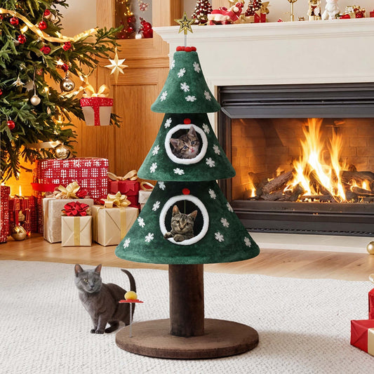 Uforic 52 Inch Christmas Tree Style Cat Tower with 2 Cat Houses, DIY Snowflake & Star Festive Decor, Green