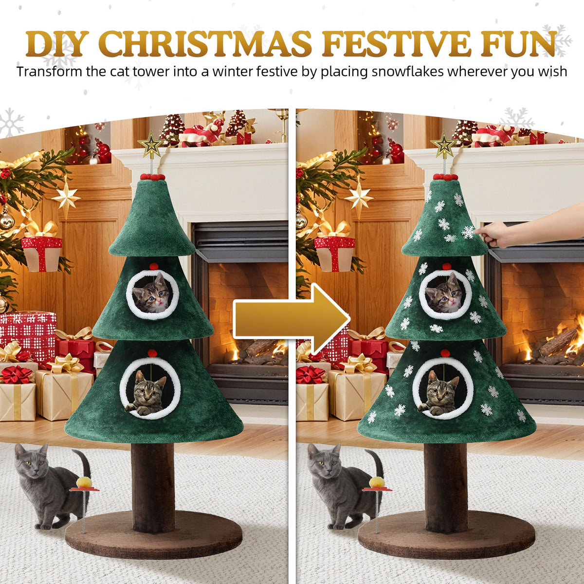 Uforic 52 Inch Christmas Tree Style Cat Tower with 2 Cat Houses, DIY Snowflake & Star Festive Decor, Green — product image 2