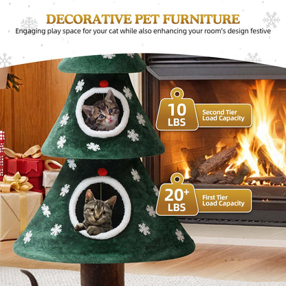 Uforic 52 Inch Christmas Tree Style Cat Tower with 2 Cat Houses, DIY Snowflake & Star Festive Decor, Green — product image 4