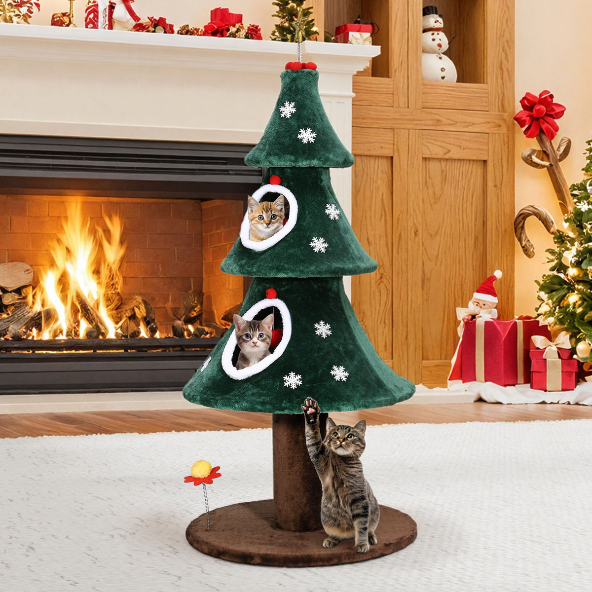 Uforic 52 Inch Christmas Tree Style Cat Tower with 2 Cat Houses, DIY Snowflake & Star Festive Decor, Green — product image 6
