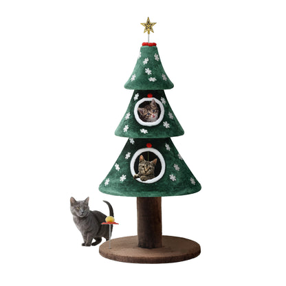 Uforic 52 Inch Christmas Tree Style Cat Tower with 2 Cat Houses, DIY Snowflake & Star Festive Decor, Green — product image 7