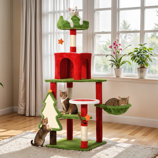 Uforic 54" Christmas Cat Tree Tower with Hammock, Sisal Scratching Posts and Top Perches ,Cat Condos for Indoor Cats