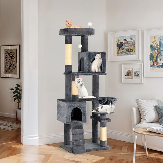 Uforic 70" Cat Tree Condo Multi-Level Tower with  Scratching Posts &Cozy Basket for Indoor  Cats, Dark Gray