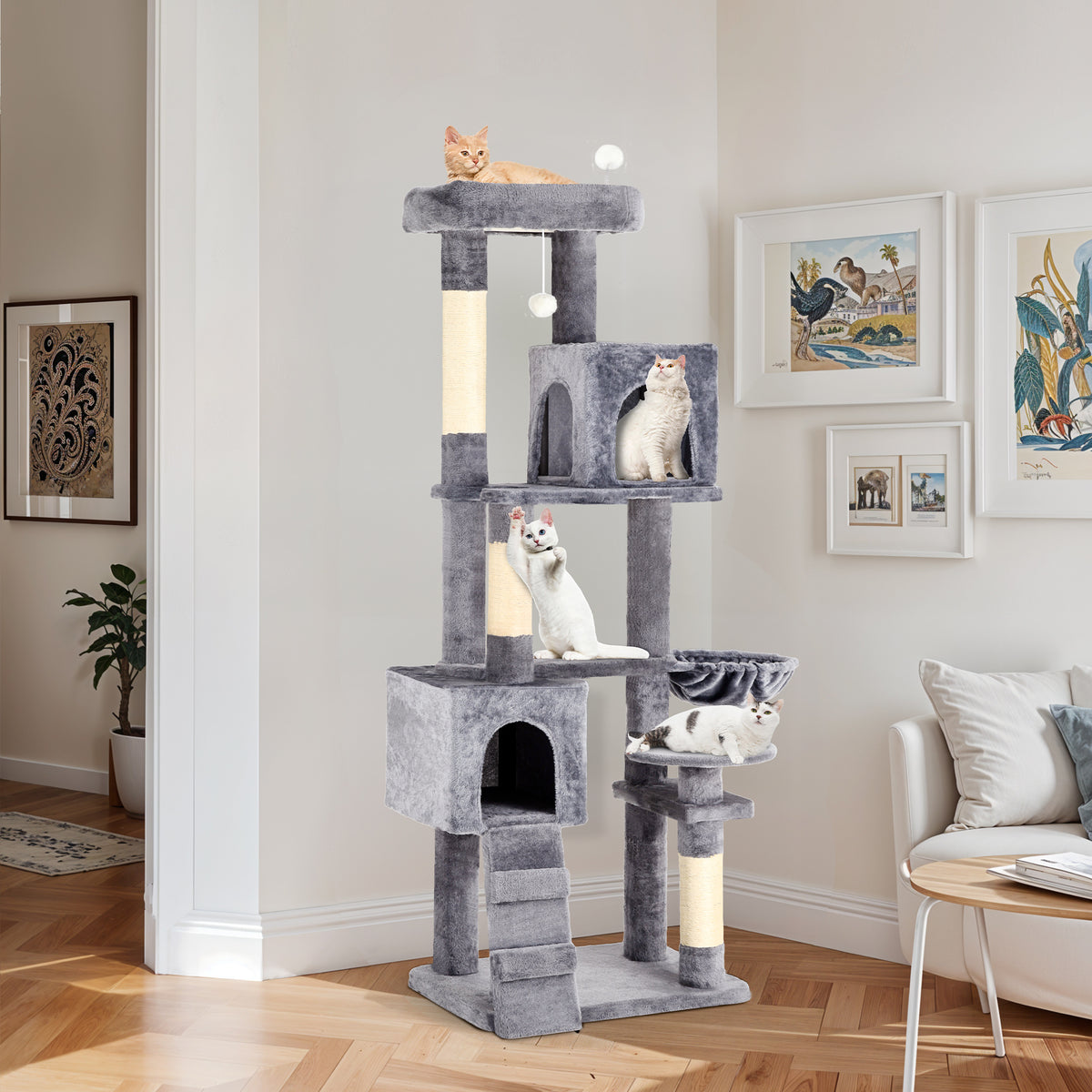 Uforic 70" Cat Tree Condo Multi-Level Tower with Scratching Posts &Cozy Basket for Indoor Cats, Light Gray