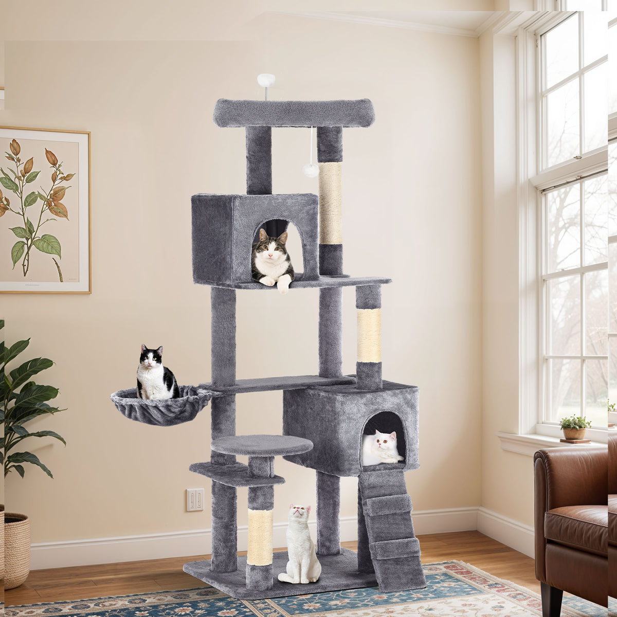 Uforic 70" Cat Tree Condo Multi-Level Tower with Scratching Posts &Cozy Basket for Indoor Cats, Light Gray — product image 2