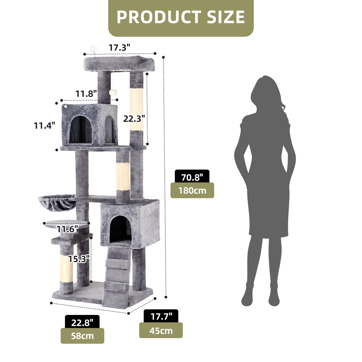 Uforic 70" Cat Tree Condo Multi-Level Tower with Scratching Posts &Cozy Basket for Indoor Cats, Light Gray — product image 3