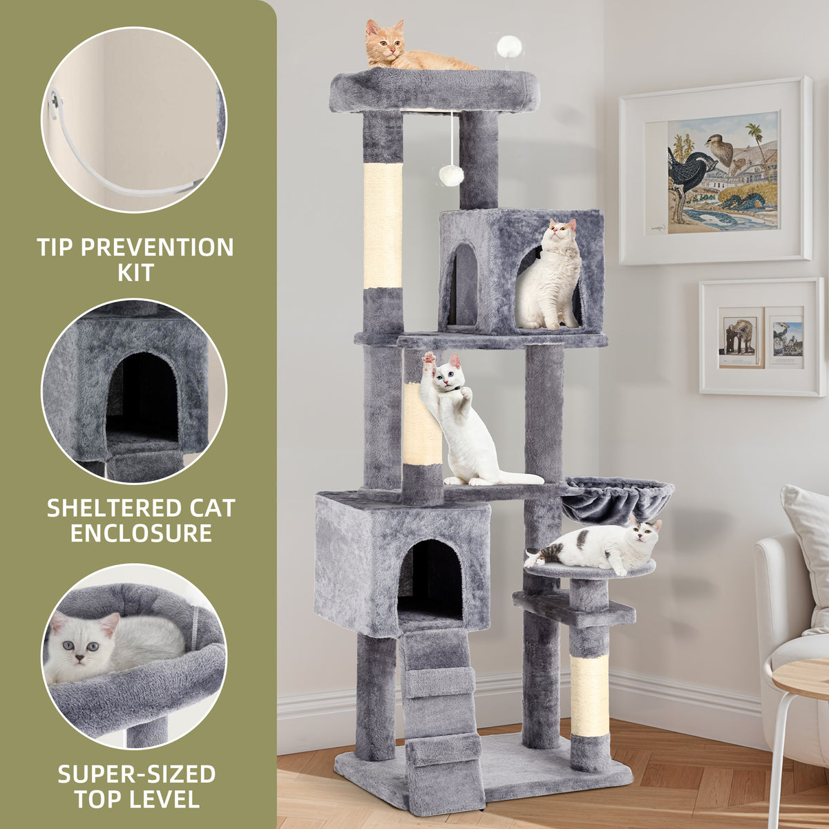 Uforic 70" Cat Tree Condo Multi-Level Tower with Scratching Posts &Cozy Basket for Indoor Cats, Light Gray — product image 4