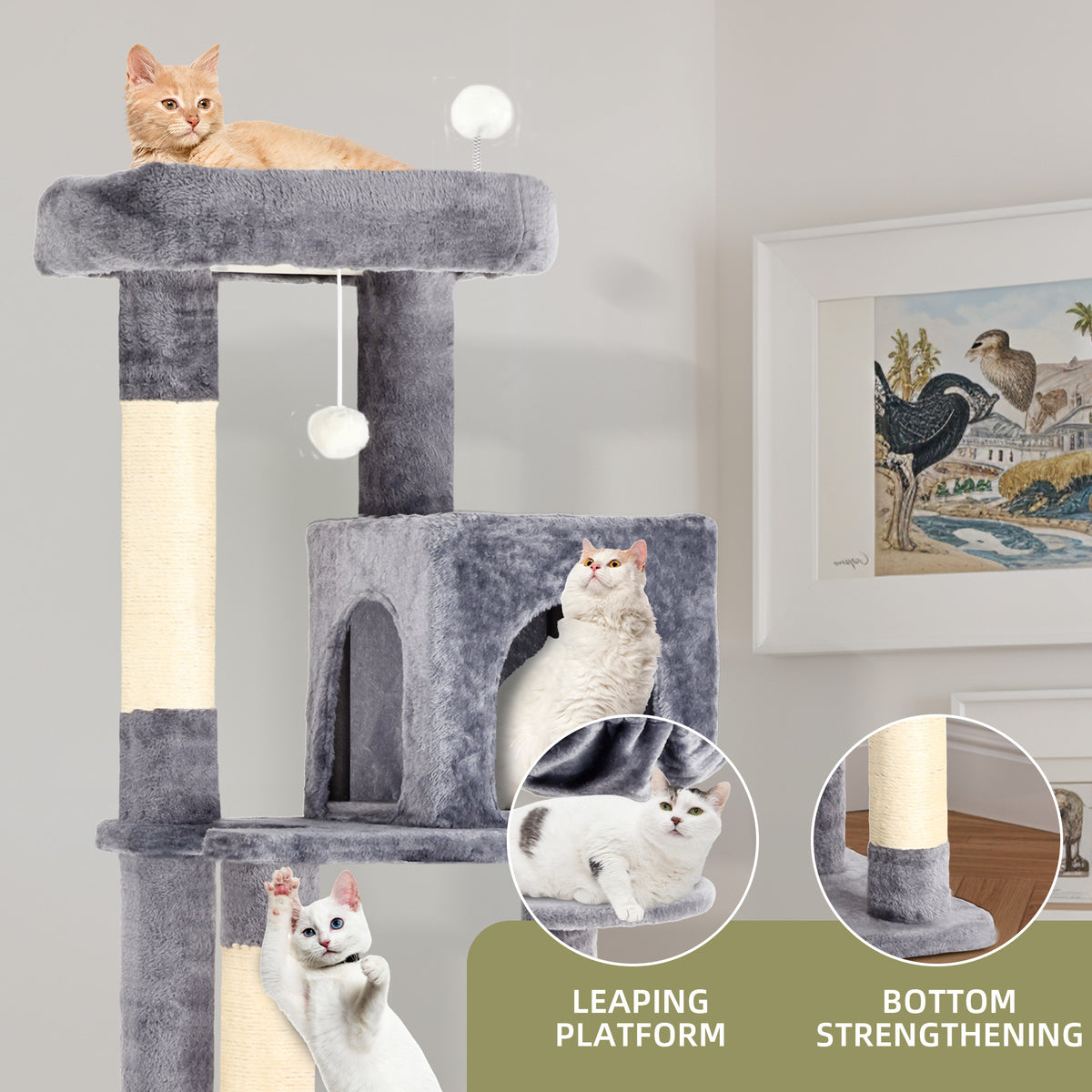 Uforic 70" Cat Tree Condo Multi-Level Tower with Scratching Posts &Cozy Basket for Indoor Cats, Light Gray — product image 5