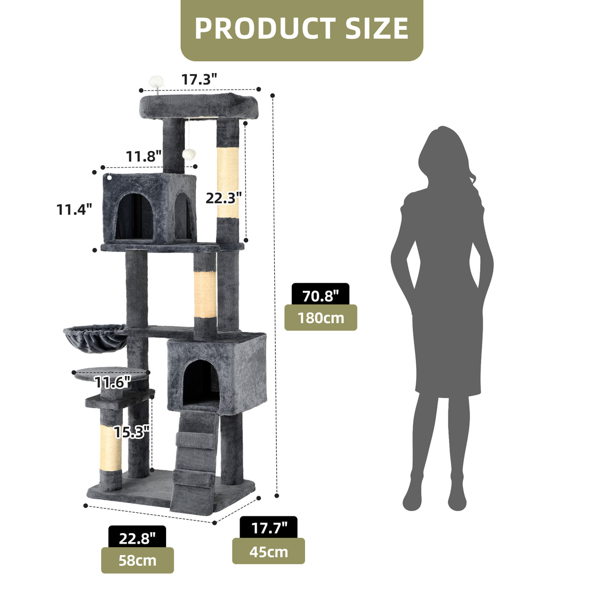 Uforic 70" Cat Tree Condo Tower with Scratching Posts & Cozy Basket, Dark Gray — product image 3