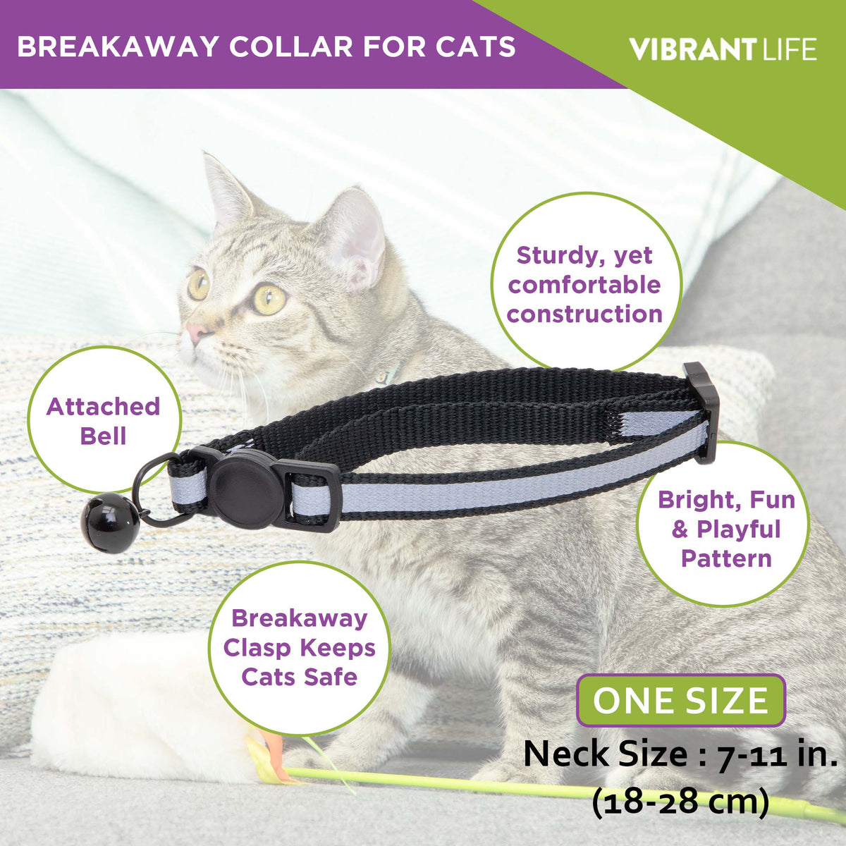 Vibrant Life 2-Pack Cat Collar, Black with Silver Reflective, and Solid Reflective, One Size — product image 11