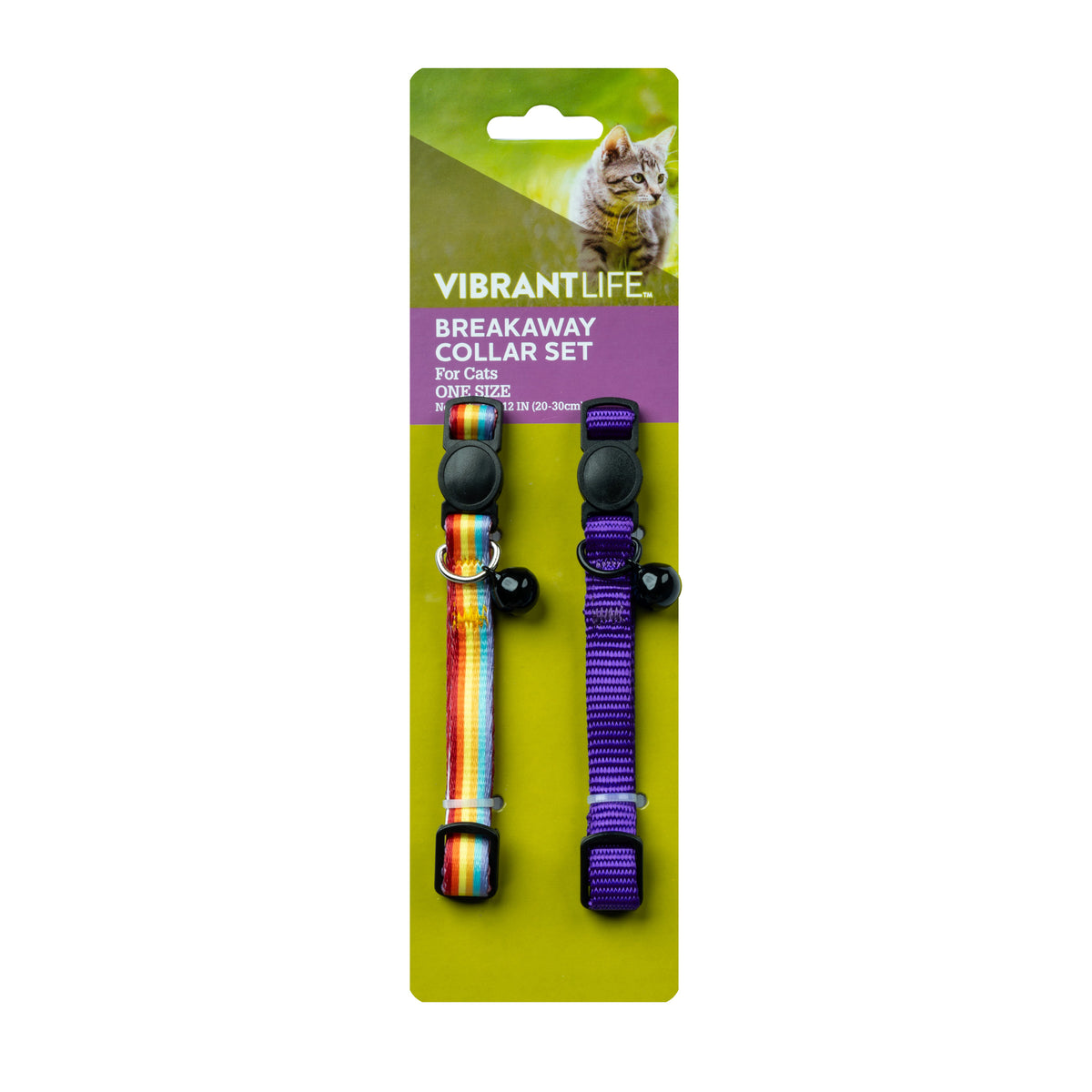 Vibrant Life 2-Pack Cat Collar, Multi Color Rainbow Stripe, and Solid Blue, One Size