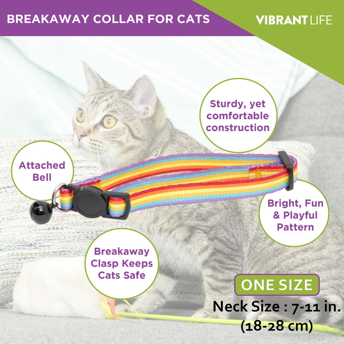 Vibrant Life 2-Pack Cat Collar, Multi Color Rainbow Stripe, and Solid Blue, One Size — product image 2