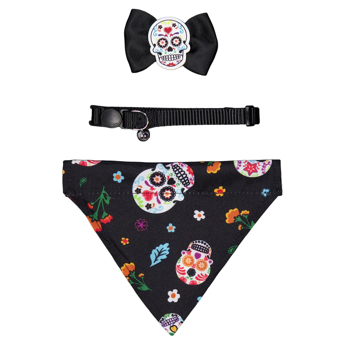 Vibrant Life Halloween Cat Collar Slider Set with Bandana and Bow Tie, Day of the Dead, Black, One Size, 3 Pieces — product image 3