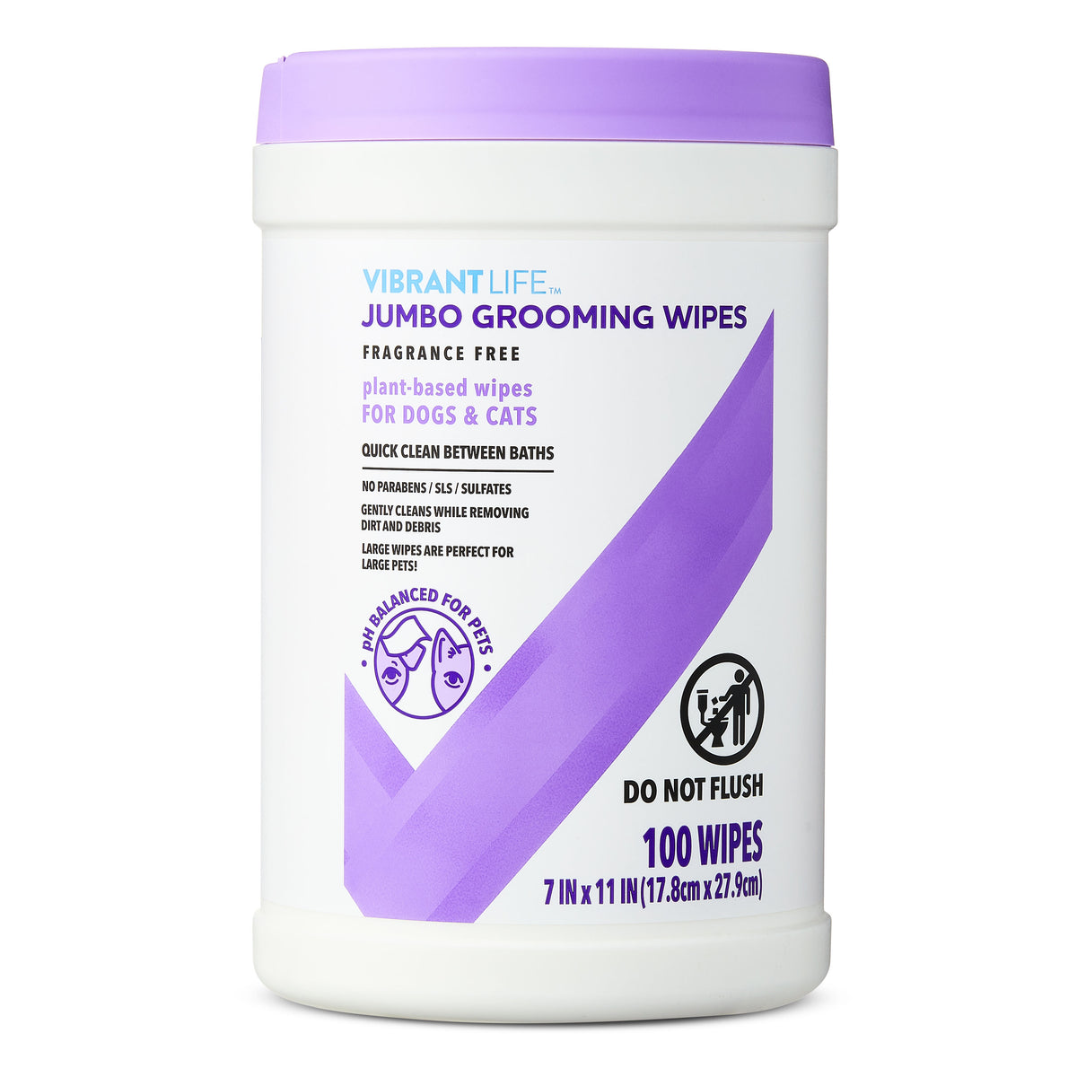 Vibrant Life Jumbo Grooming Wipes for Dogs & Cats, Fragrance Free, 100 Count