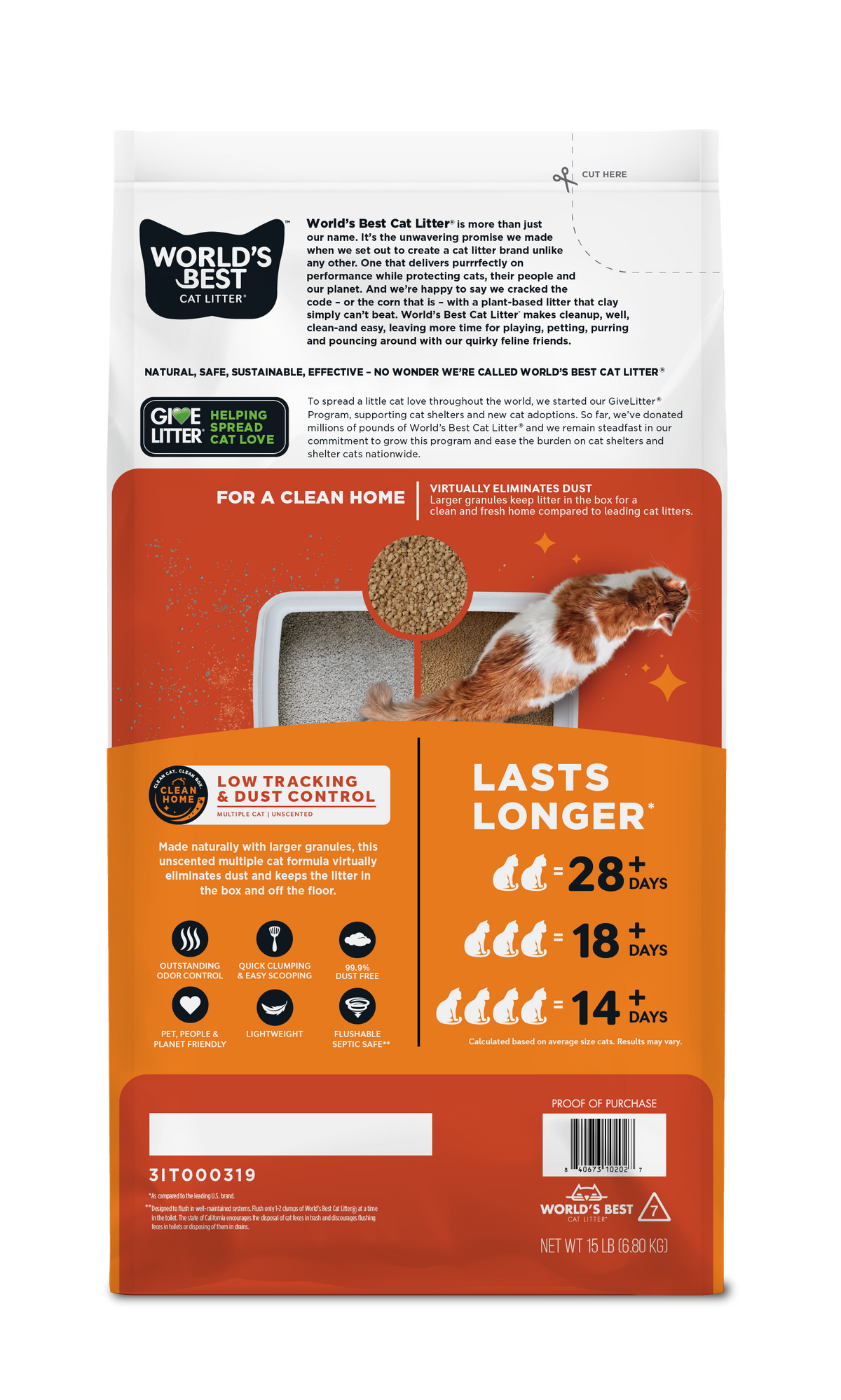 WORLD'S BEST CAT LITTER Low Tracking & Dust Control Multiple Cat Unscented - Natural Ingredients, Quick Clumping, Flushable - Long-Lasting Odor Control & Easy Scooping- 15 lb Bag — product image 2