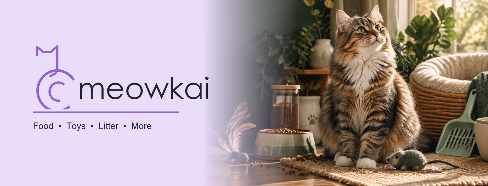 A fluffy tabby cat beside a food bowl, toys and a cozy bed